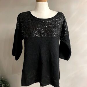 Women’s holiday black sparkle sequins block knit sweater 3/4 sleeve size Large